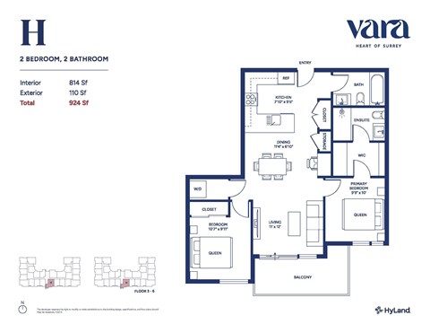 Floor plan for 2 beds, 2 baths, 814 sqft